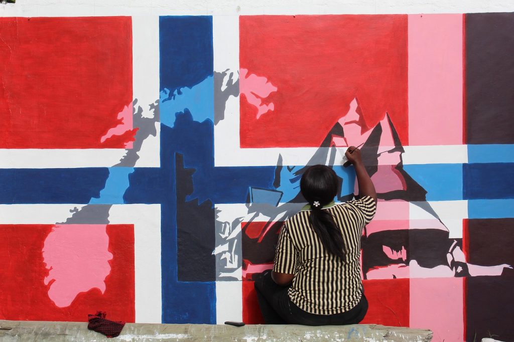 norway, flag, map, painting, artist, world map, travel, country, world, red, blue, woman