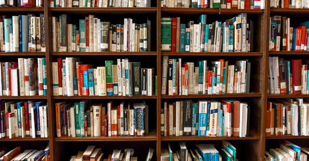 Vibrant library scene featuring wooden bookshelves filled with various books.