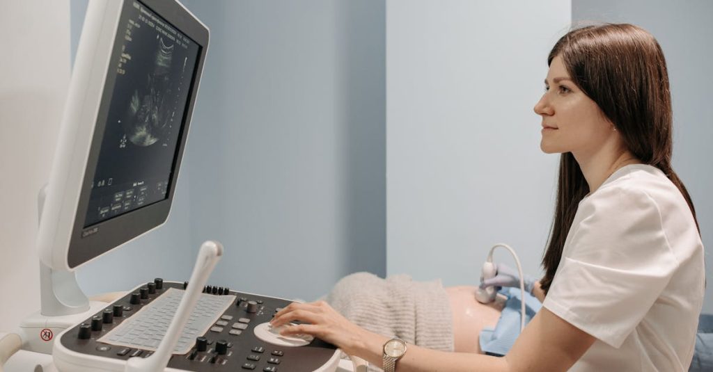 A female doctor conducting an ultrasound examination in a medical clinic, focusing on patient care.